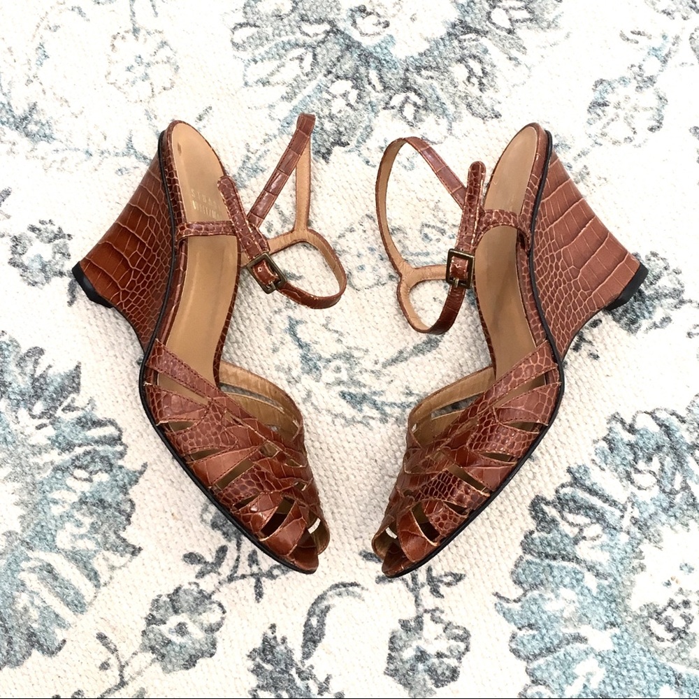 Stuart Weitzman Vintage Brwn Leather Wedge Sandals